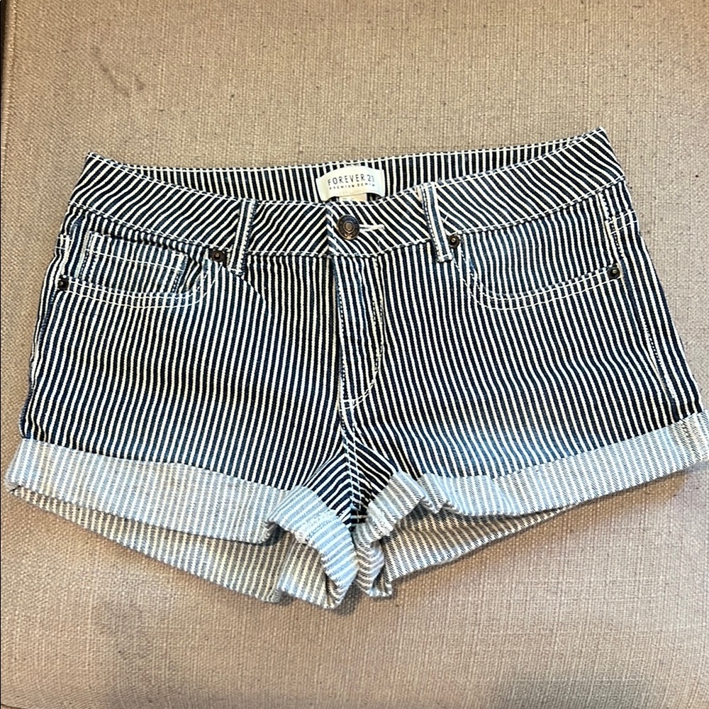 Forever 21 Navy and White Striped Jean Shorts with Distressed Hem